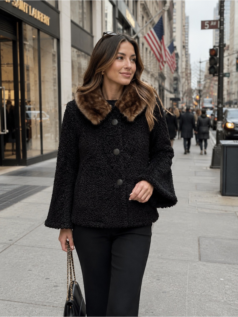 Vintage Black Persian Wool Coat with Mink Fur Collar